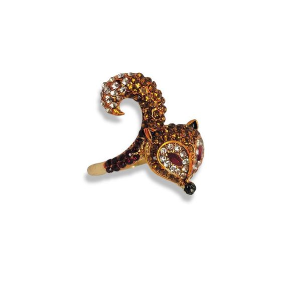 Pavé Round Golden Red White Crystal GoldTone Fox Ring Size 10 - Picture 5 of 6